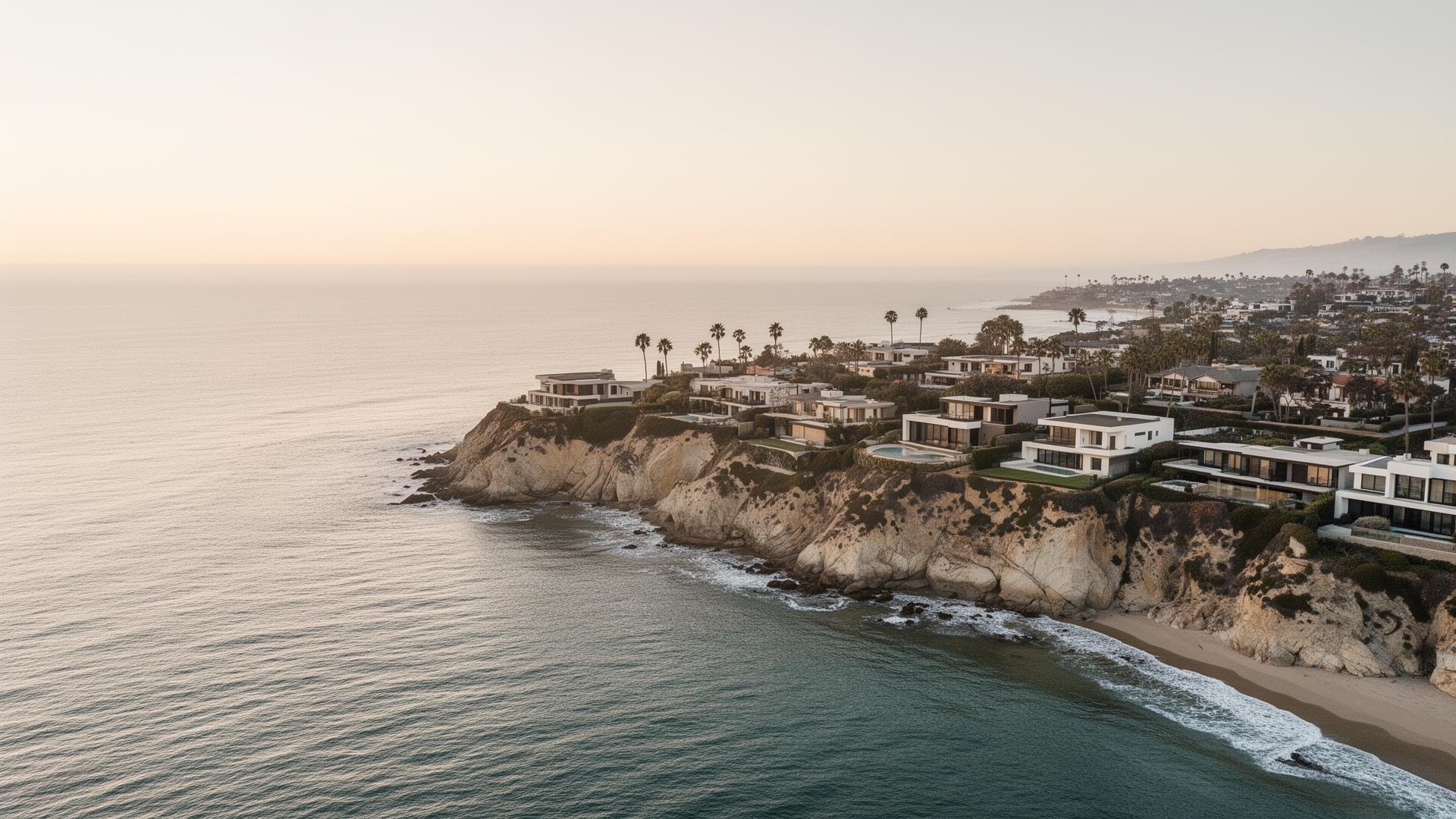 Aerial view of Orange County coastline at golden hour