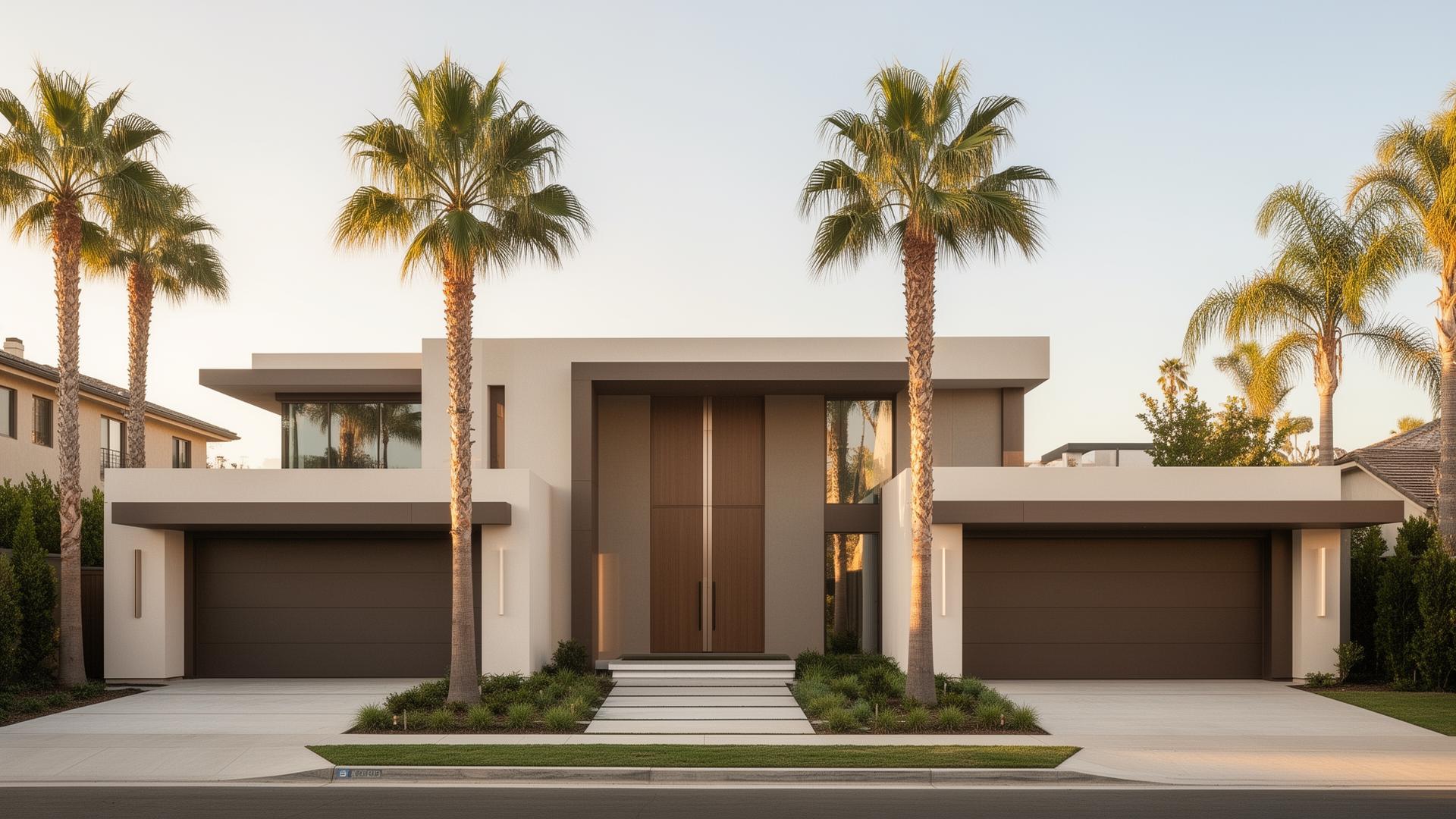 Modern Orange County home with palm trees at golden hour